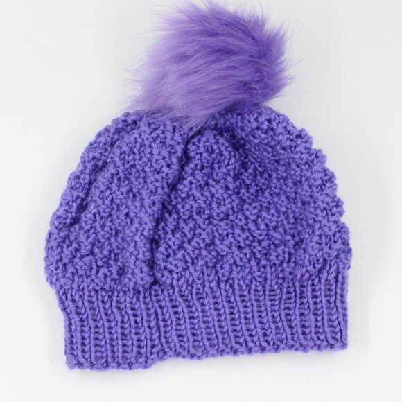 Handmade Hand Knit Purple Double Moss Stitch Beanie Hat with Faux Fur Pom Pom - Picture 2 of 4